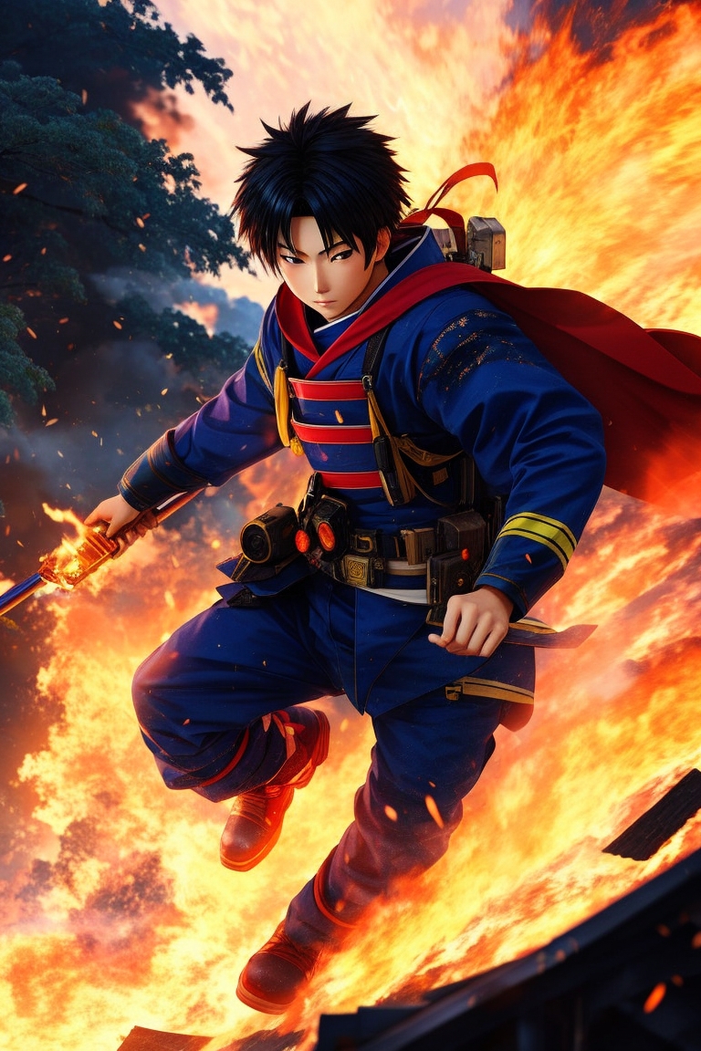 DreamShaper_32_A_japanese_male_hero_saving_the_world_from_fire_2